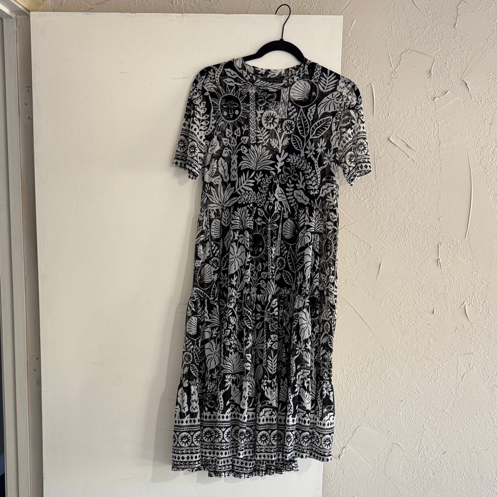 Johnny Was Black and White Floral Midi Dress